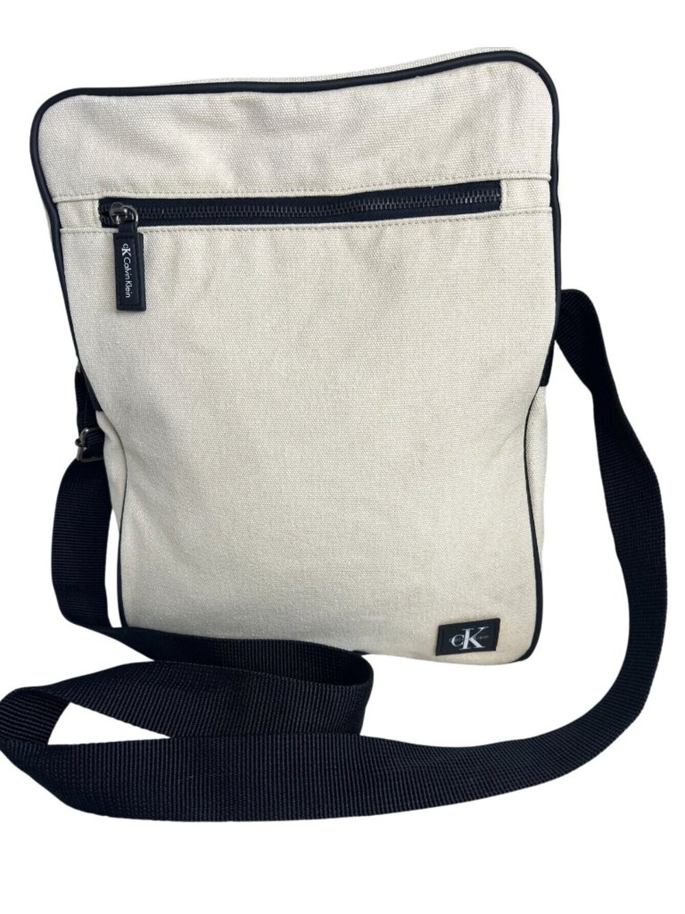 Calvin Klein Beige Canvas Crossbody Bag With Black Strap & Zipper